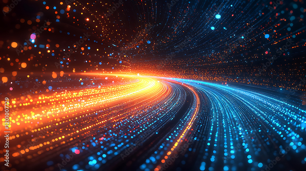 vibrant gradient of glowing particles creates dynamic motion effect, showcasing energy and speed