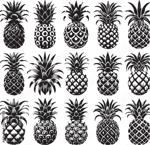 Black Color Pineapple Silhouette Vector Illustration, Solid White Background