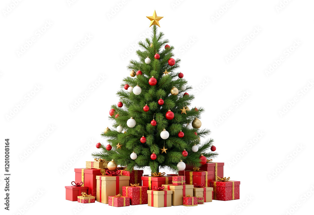 Christmas tree with gold star and ornaments plus gift boxes with transparent background Christmas tree with gold star and ornaments plus gift boxes with transparent background