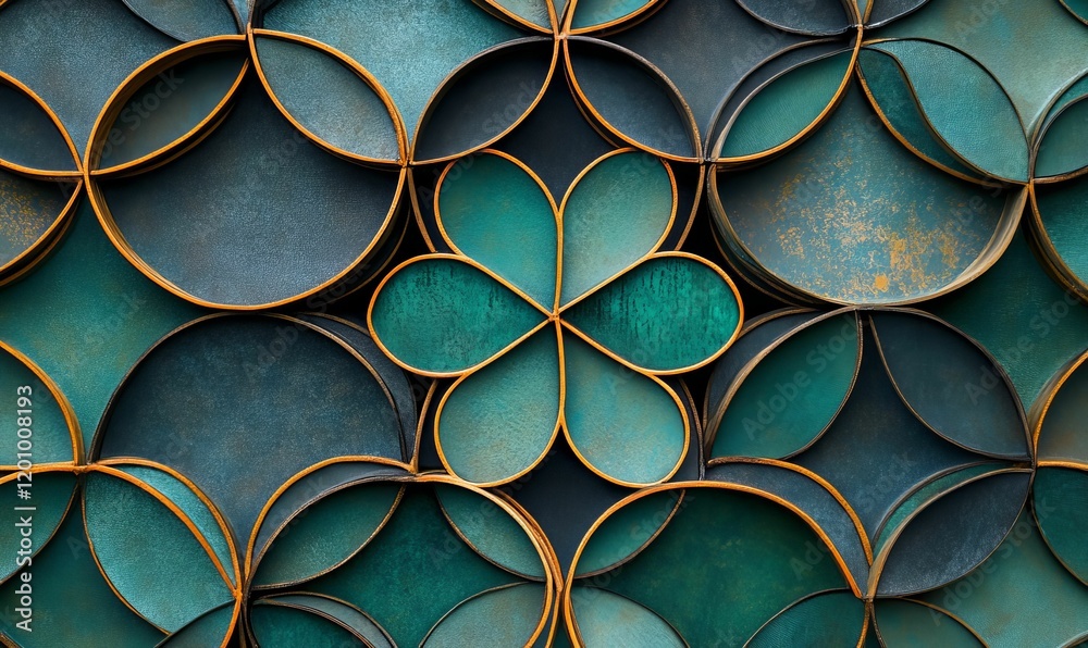 Overlapping dark and teal curved shapes with gold outlines. Overlapping dark and teal curved shapes with gold outlines.