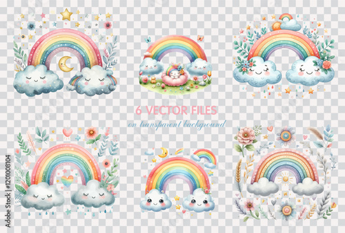 Set of watercolor rainbow clouds sun moon stars. Fantasy pastel color. Vector nursery elements.