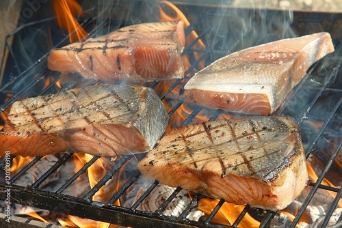 Grilling fish steaks over open flame with flavorful sauces for a delicious outdoor meal