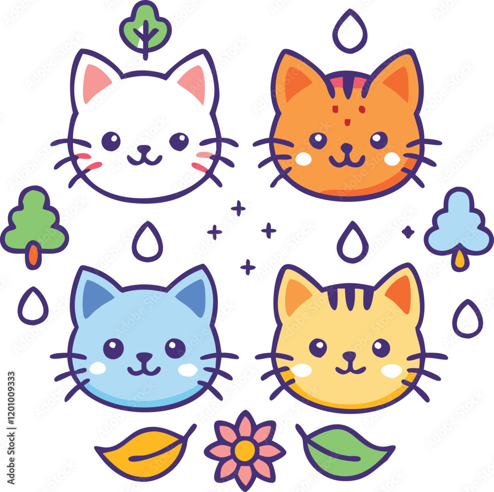 Kawaii Seasonal Cat Vectors: Perfect for Design and Decor Projects Kawaii Seasonal Cat Vectors: Perfect for Design and Decor Projects