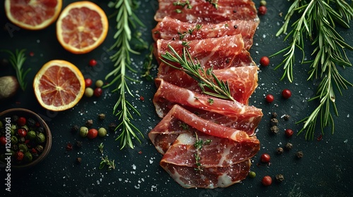 Gourmet cured meat slices, rosemary, citrus, peppercorns, dark background, food photography photo