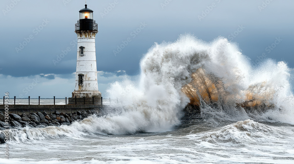 dramatic scene of lighthouse standing strong against crashing waves, showcasing nature power and beauty dramatic scene of lighthouse standing strong against crashing waves, showcasing nature power and beauty