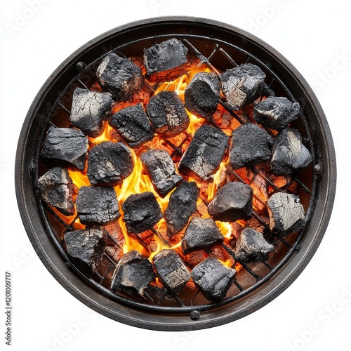 Glowing charcoal briquettes burning in a round grill. photo