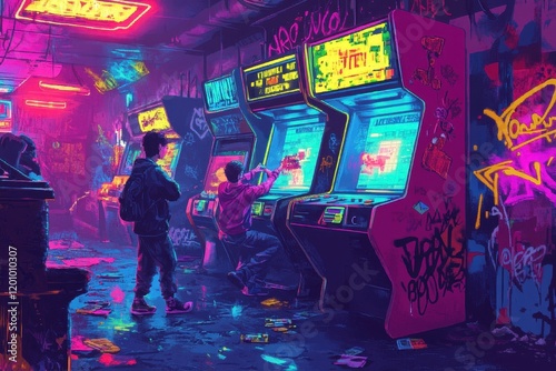 Neon Lit Arcade Gamers Playing Retro Games photo