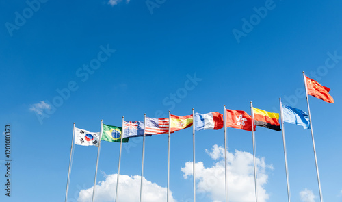 Photography Flags of different countries in the sky