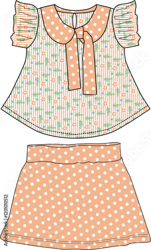 flower all over pattern with girls top with skirts vector art