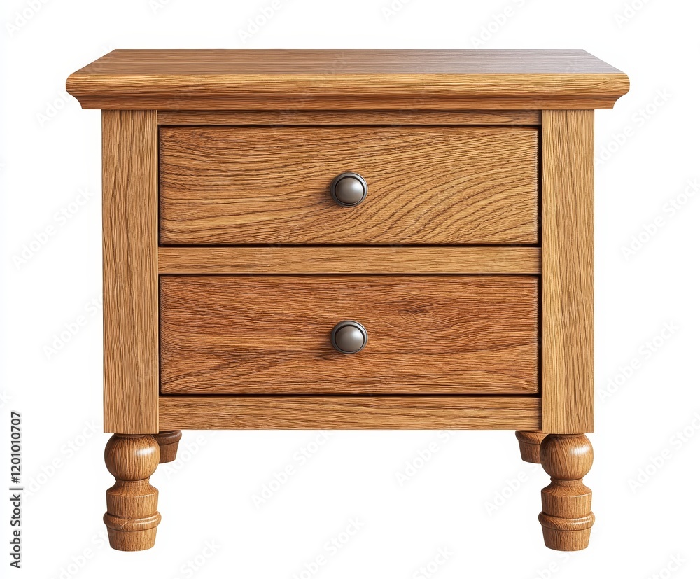 Two-drawer wooden nightstand with turned legs and simple knobs. Two-drawer wooden nightstand with turned legs and simple knobs.