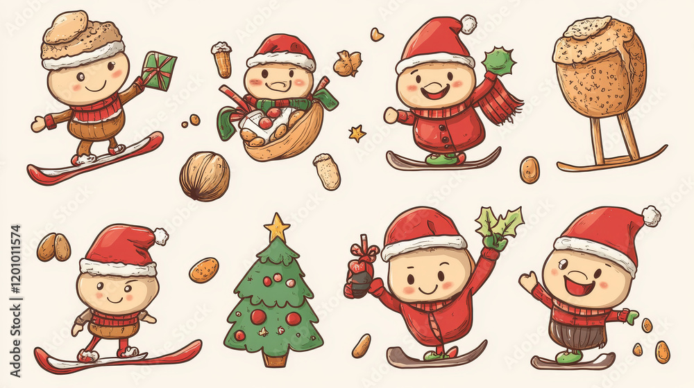 Cartoon Christmas nuts, seeds and beans characters stickers pack. Vector fun festive personages showcase holiday activities, like skiing, decorating, and gift-giving, creating a joyful atmosphere Cartoon Christmas nuts, seeds and beans characters stickers pack. Vector fun festive personages showcase holiday activities, like skiing, decorating, and gift-giving, creating a joyful atmosphere