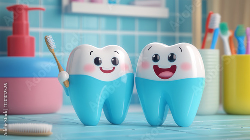 Cartoon tooth characters with mouthrinse or mouthwash, toothbrush and toothpaste, kids dental care. Cartoon vector teeth for dentist clinic and dentistry, mouth rinse or mouthwash and clean teeth