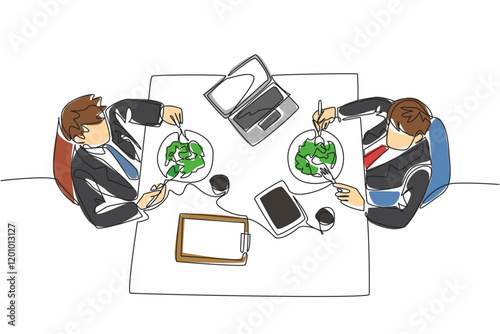 Single continuous line drawing two businessmen are eating at the dining table. Preparing for a meeting while having lunch. Important. National Make Lunch Count Day. One line design vector illustration
