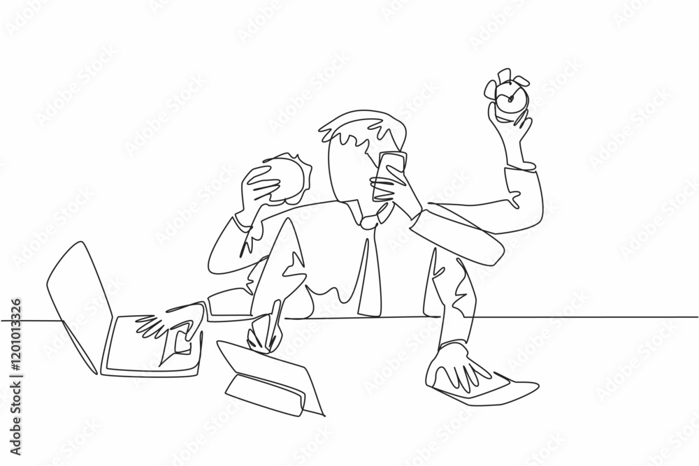 Obraz premium Single continuous line drawing businessman with 6 hands. Each hand with its own busyness. Multitasking in the morning to save time. Productivity. Deskfast Day. One line design vector illustration