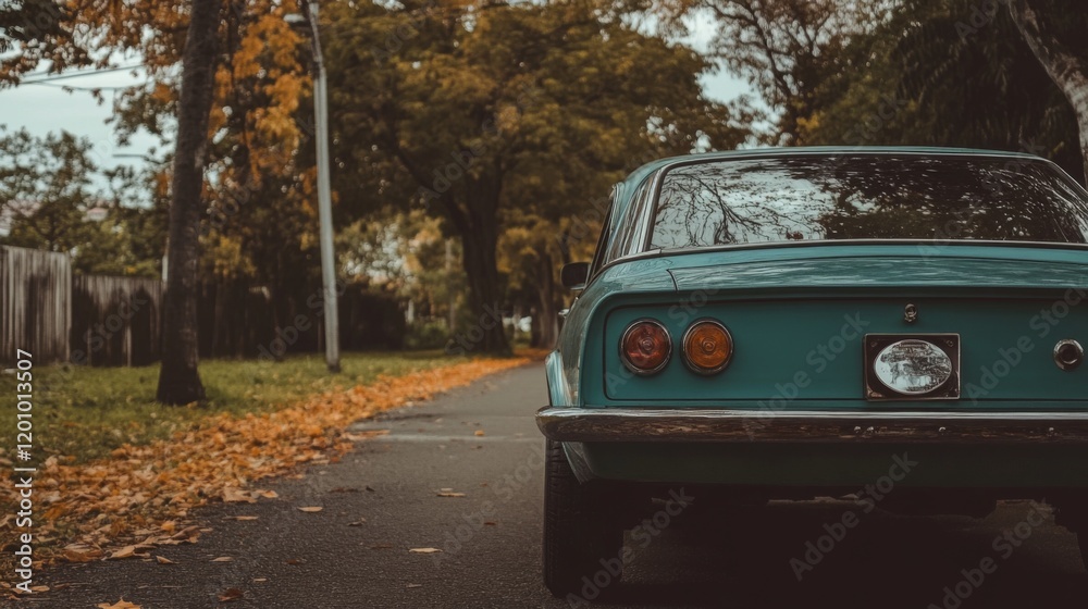 Teal classic car parked on autumnal street. Teal classic car parked on autumnal street.