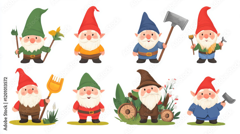 Cartoon gnome dwarf characters. Cute fairy tale small garden gnome vector personages with magic hats, mushroom, wheelbarrow and pickaxe. Funny gardener, miner, blacksmith and lumberjack dwarfs Cartoon gnome dwarf characters. Cute fairy tale small garden gnome vector personages with magic hats, mushroom, wheelbarrow and pickaxe. Funny gardener, miner, blacksmith and lumberjack dwarfs