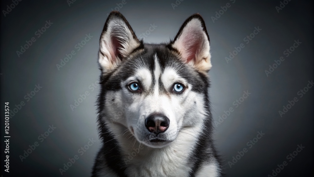 Cute Husky Dog Portrait: Blue Eyes, Gray Background Studio Shot Cute Husky Dog Portrait: Blue Eyes, Gray Background Studio Shot