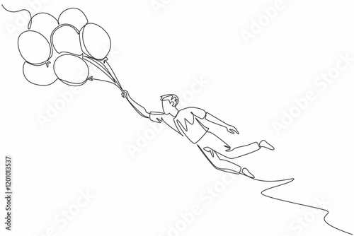 Continuous one line drawing businessman hold many balloons and flying in the wind. Strong winds ruin room decoration plans. Extreme. National Big Wind Day. Single line draw design vector illustration