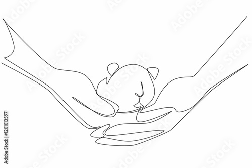 Single one line drawing the hamster is being held by two hands. Carried carefully and lovingly. Animal owner and lover. Adorable animal. World Hamster Day. Continuous line design graphic illustration