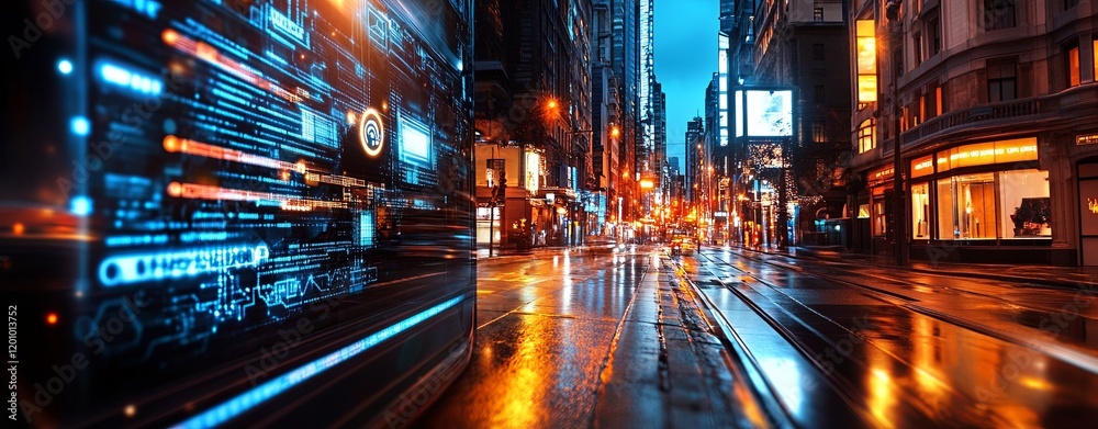 Obraz premium Urban Night Scene with Blockchain Elements
