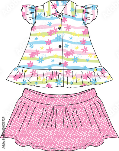 girls frocks flower with skirts print vector art
