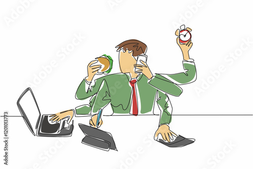 Single continuous line drawing businessman with 6 hands. Each hand with its own busyness. Multitasking in the morning to save time. Productivity. Deskfast Day. One line design vector illustration