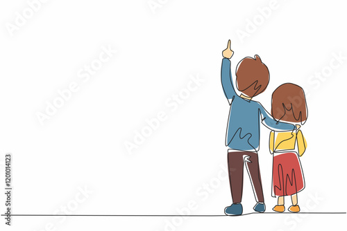 Single continuous line drawing rear view, a boy embraces his little sister with his hand pointing up. Learn about natural science. Amazing. Look Up at The Sky Day. One line design vector illustration