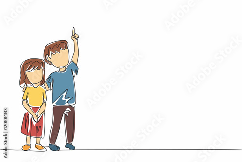 Continuous one line drawing a boy embraces little sister with his hands pointing up. Learn openly from nature. Counting the stars. Look Up at The Sky Day. Single line draw design vector illustration