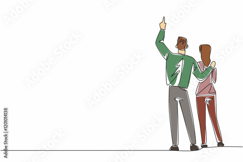 Single one line drawing rear view, a man in casual clothes embracing a woman with his hand pointing upwards. The aurora in awe. Look Up at The Sky Day. Continuous line design graphic illustration