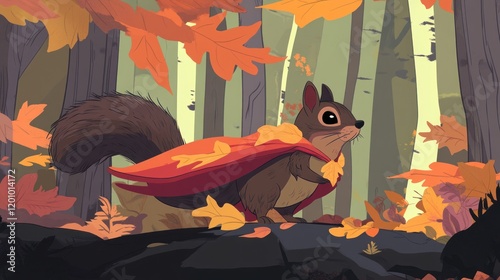 Adorable squirrel in autumn forest, wearing leaf cape. photo