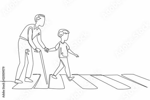 Single continuous line drawing a boy helps a hunchbacked old man with a stick cross the road on a zebra crossing. A real action to inspire all. Good Deeds Day. One line design vector illustration