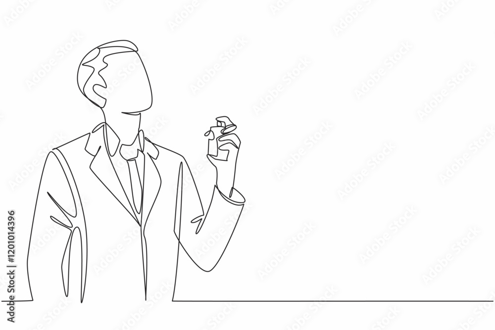 Single one line drawing a young businessman sprays perfume on his neck. Looks very fashionable before meeting an important client. National Perfume Day. Continuous line design graphic illustration Single one line drawing a young businessman sprays perfume on his neck. Looks very fashionable before meeting an important client. National Perfume Day. Continuous line design graphic illustration