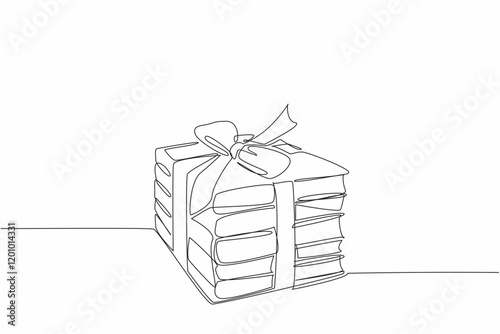 Single one line drawing 5 stacks of books tied with ribbon. Attractively packaged. Providing the best books. Increase knowledge. National Donate a Book Day. Continuous line design graphic illustration