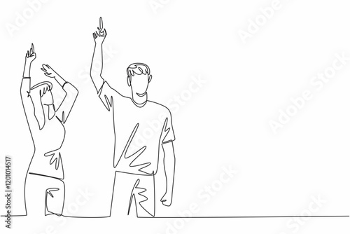 Single one line drawing a woman and a man in casual clothes, their hands pointing upwards. Compete to count the number of stars. Look Up at The Sky Day. Continuous line design graphic illustration