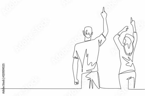 Continuous one line drawing rear view, a woman and a man in casual clothes, their hands pointing upwards. Beautiful spring. Aurora. Look Up at The Sky Day. Single line draw design vector illustration
