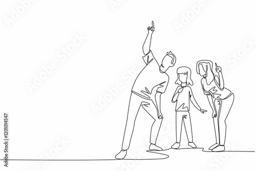 Single continuous line drawing a family gathered as the father pointed upwards. The father showed a beautiful object far up there. Amazing. Look Up at The Sky Day. One line design vector illustration