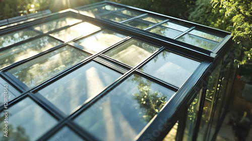 Sunlit glass greenhouse roof detail. Modern design.