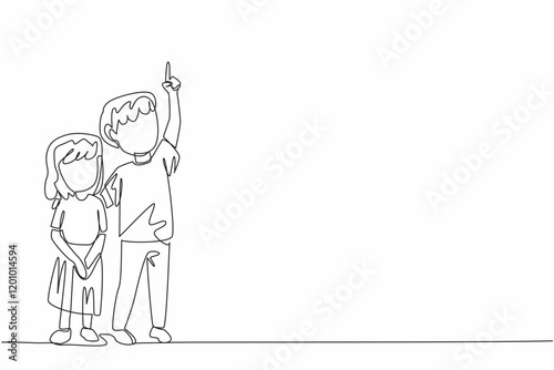Continuous one line drawing a boy embraces little sister with his hands pointing up. Learn openly from nature. Counting the stars. Look Up at The Sky Day. Single line draw design vector illustration