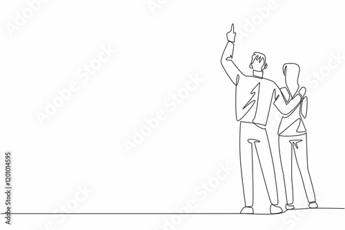 Single one line drawing rear view, a man in casual clothes embracing a woman with his hand pointing upwards. The aurora in awe. Look Up at The Sky Day. Continuous line design graphic illustration