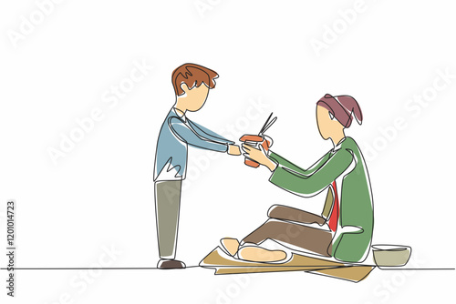Continuous one line drawing a boy gives noodle box to old male beggar. Cultivating a sense of social sensitivity from an early age. Culture. Good Deeds Day. Single line draw design vector illustration