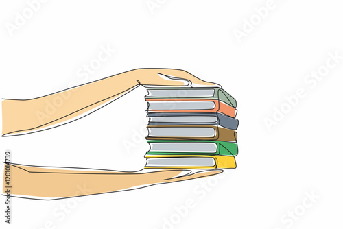 Single continuous line drawing 2 hands holding 6 stacks of books on top and bottom. Giving very politely. Sharing interesting readings. National Donate a Book Day. One line design vector illustration