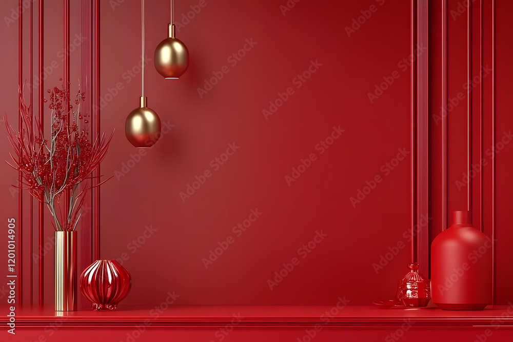 Stylish red interior decor modern space still life minimalist environment close-up view design concept Stylish red interior decor modern space still life minimalist environment close-up view design concept
