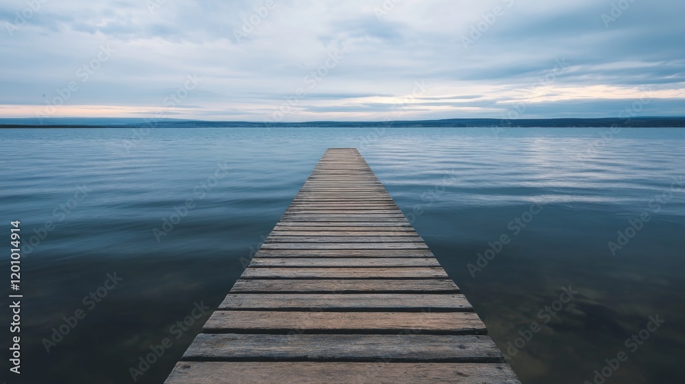 Wooden pier extending into calm lake under a cloudy sky. Wooden pier extending into calm lake under a cloudy sky.