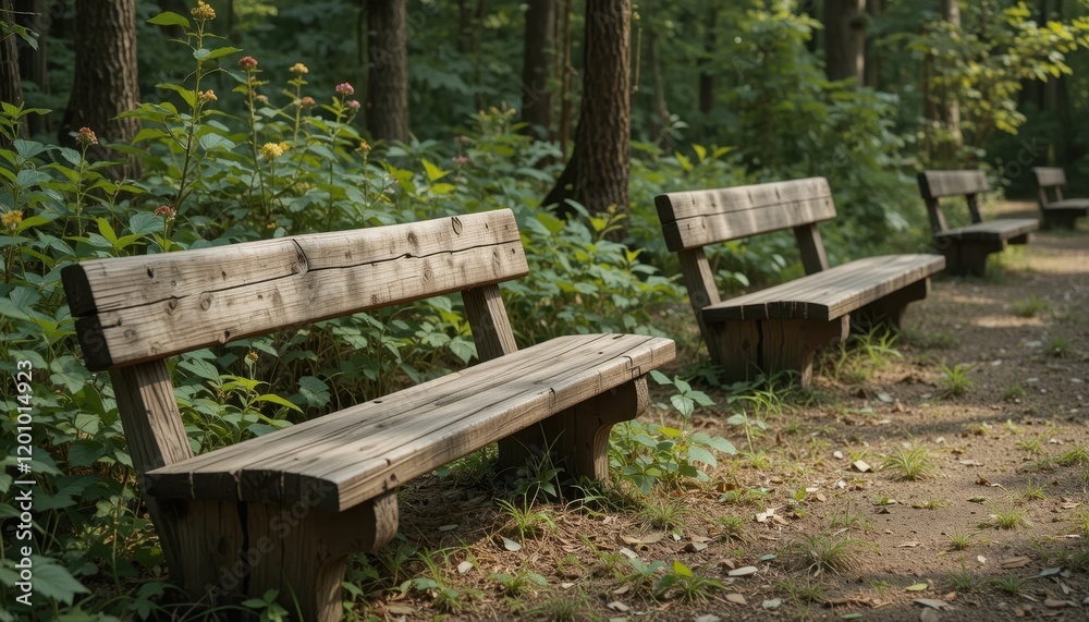 Rustic wooden benches in natural settings Rustic wooden benches in natural settings