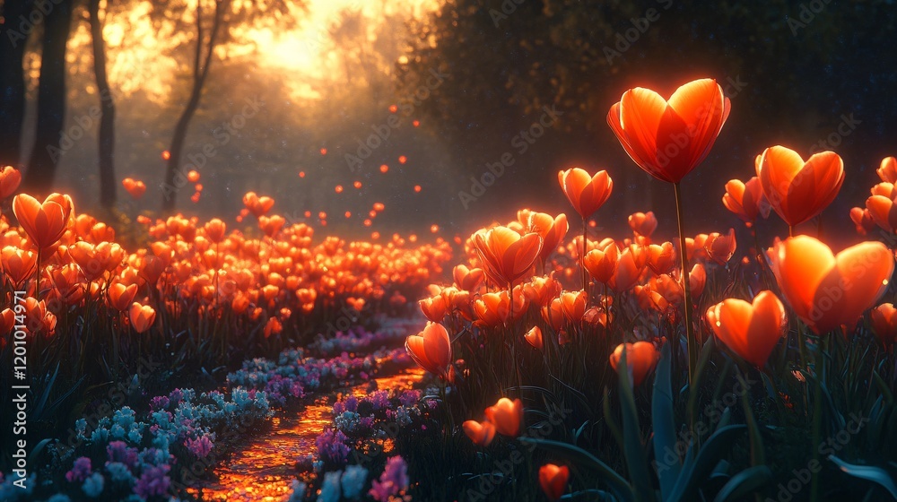 A magical meadow glowing with oversized heart-shaped tulips and pastel trails A magical meadow glowing with oversized heart-shaped tulips and pastel trails
