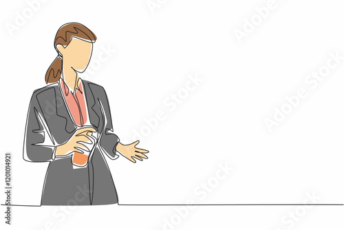 Continuous one line drawing a business woman sprays perfume on the palm of her hand. Gives off a very calming aroma. Stress reliever. National Perfume Day. Single line draw design vector illustration