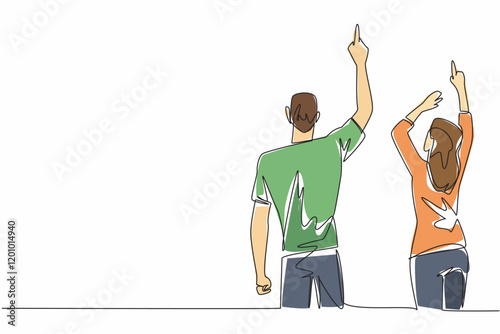 Continuous one line drawing rear view, a woman and a man in casual clothes, their hands pointing upwards. Beautiful spring. Aurora. Look Up at The Sky Day. Single line draw design vector illustration