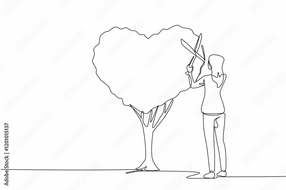 Continuous one line drawing woman cuts plant and shapes it into heart shape. Unique hobby of caring for plants and with full heart. National Gardening Day. Single line draw design vector illustration Continuous one line drawing woman cuts plant and shapes it into heart shape. Unique hobby of caring for plants and with full heart. National Gardening Day. Single line draw design vector illustration