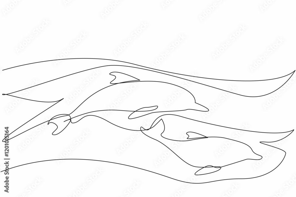 Single continuous line drawing 2 dolphins swimming. Aquatic mammals are known for their high intelligence. Jumping out of the water. Habits. National Dolphin Day. One line design vector illustration Single continuous line drawing 2 dolphins swimming. Aquatic mammals are known for their high intelligence. Jumping out of the water. Habits. National Dolphin Day. One line design vector illustration