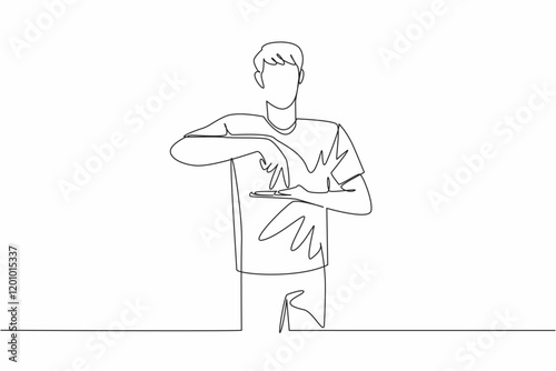 Continuous one line drawing a man in casual clothes making a hand gesture. Stand then walk symbol. Communication code. National American Sign Language Day. Single line draw design vector illustration